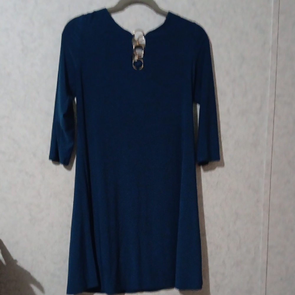 Blue Sheath Dress with 3/4 Sleeves and Crew Neck